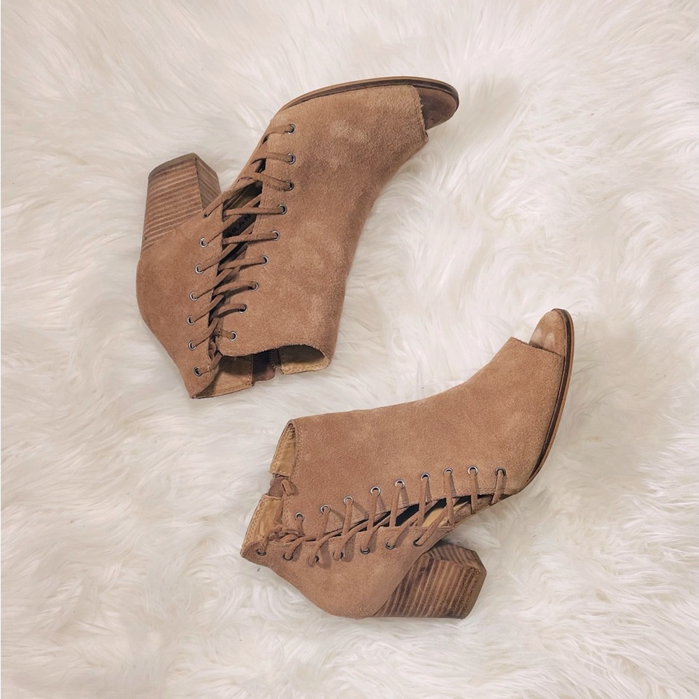 Lucky Brand Tan Brown Leather Open Toe Wood Heel Zip Lace Up Bohemian Bootie 8